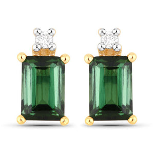 1.24 Carat Genuine Green Tourmaline and White Diamond 14K Yellow Gold Earrings