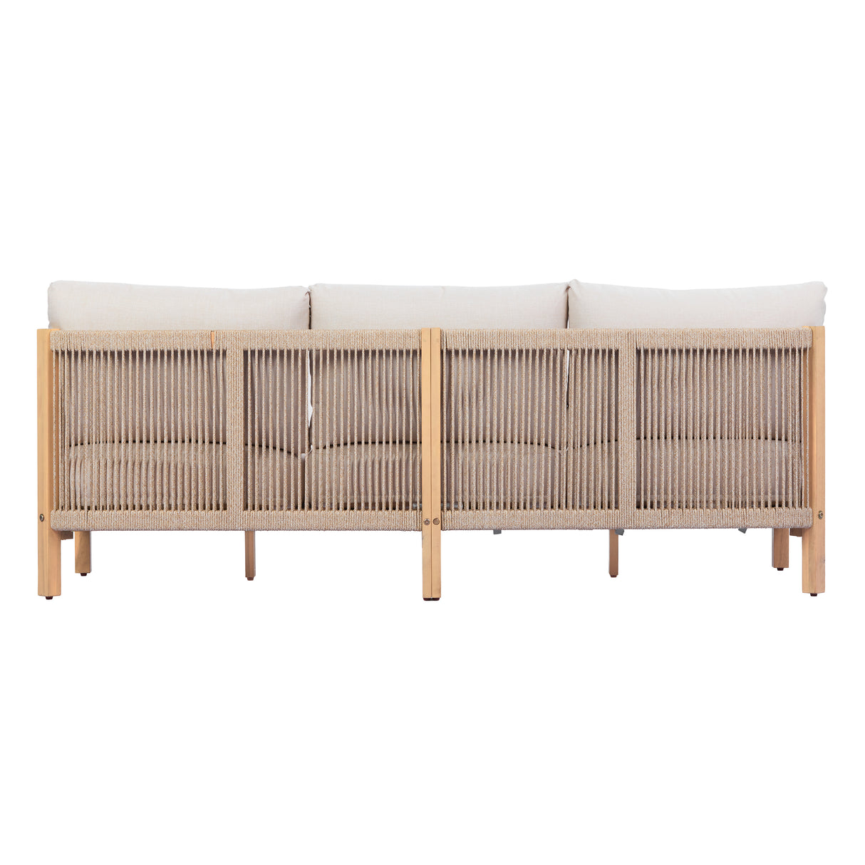 73.23" Outdoor Acacia Wood Frame Rope-Braided Backrest Three-Seater Sofa