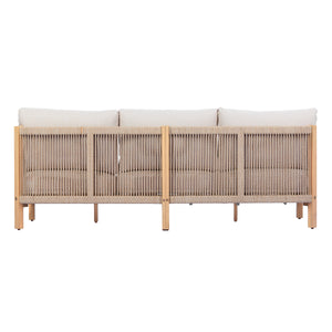 73.23" Outdoor Acacia Wood Frame Rope-Braided Backrest Three-Seater Sofa