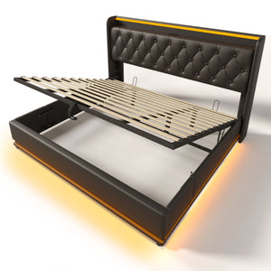 Upholstered Bed, 360 Surround LED Function, Remote Control, Hydraulic Storage Bed With USB, Type-C Charging (Without Mattress)