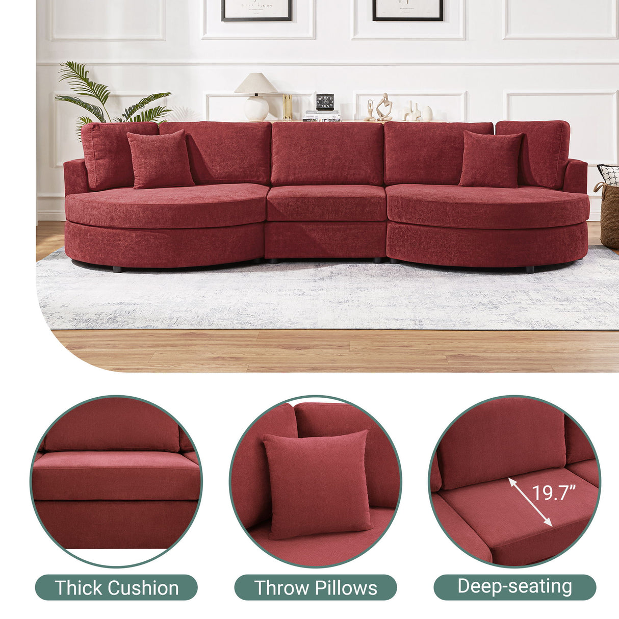 Modern 3 Seater Upholstered Sofa With Curved Design