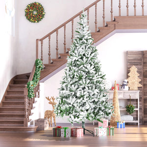 HOMCOM 9' Tall Unlit Snow Flocked Pine Artificial Christmas Tree