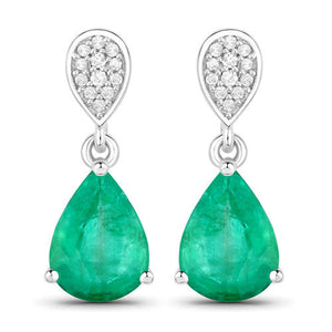 2.28 Carat Genuine Zambian Emerald and White Diamond 14K White Gold Earrings