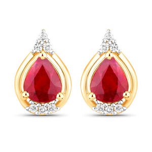1.36 Carat Genuine Ruby and White Diamond 14K Yellow Gold Earrings