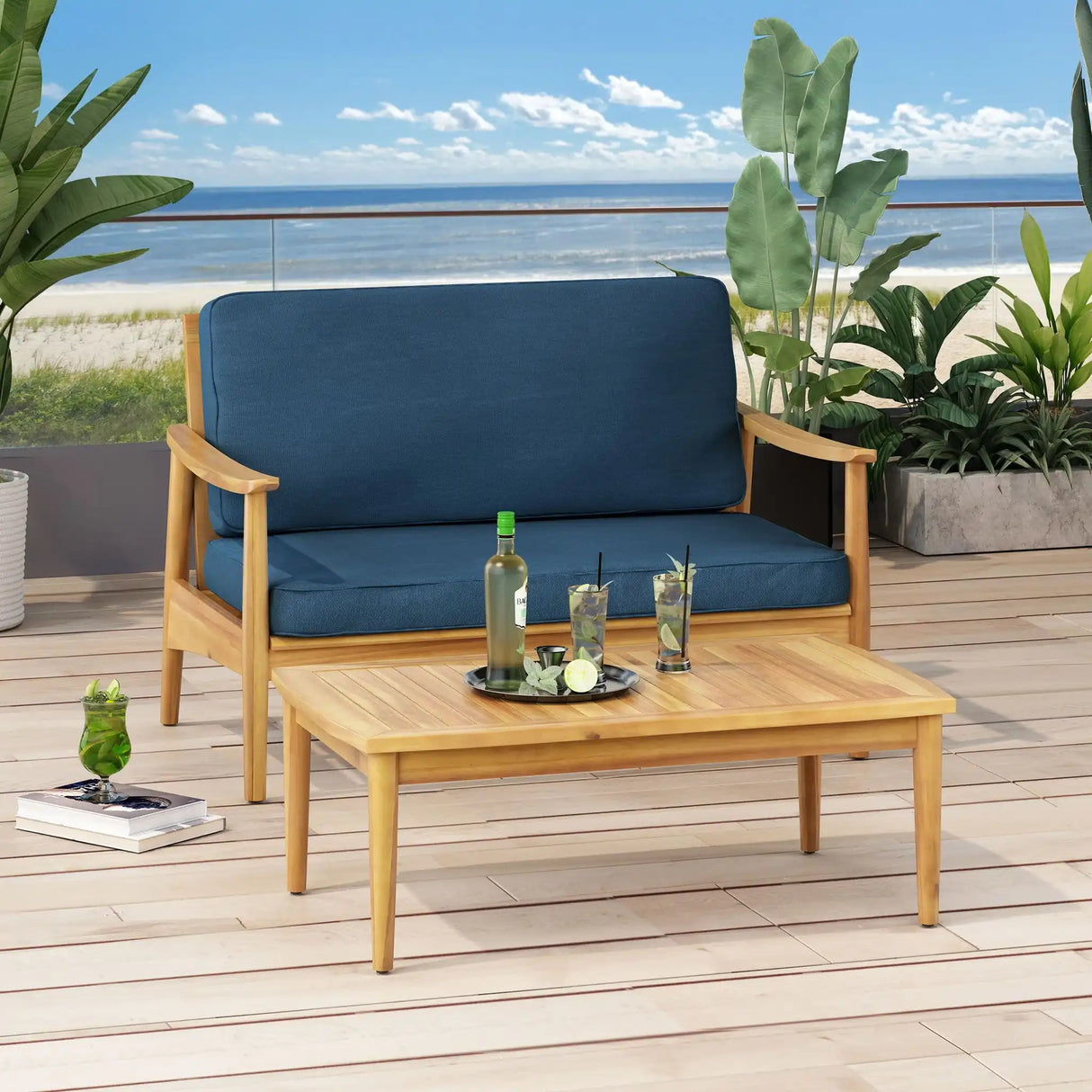 Outdoor Acacia Wood Loveseat Set With Coffee Table - Best Buy Furniture
