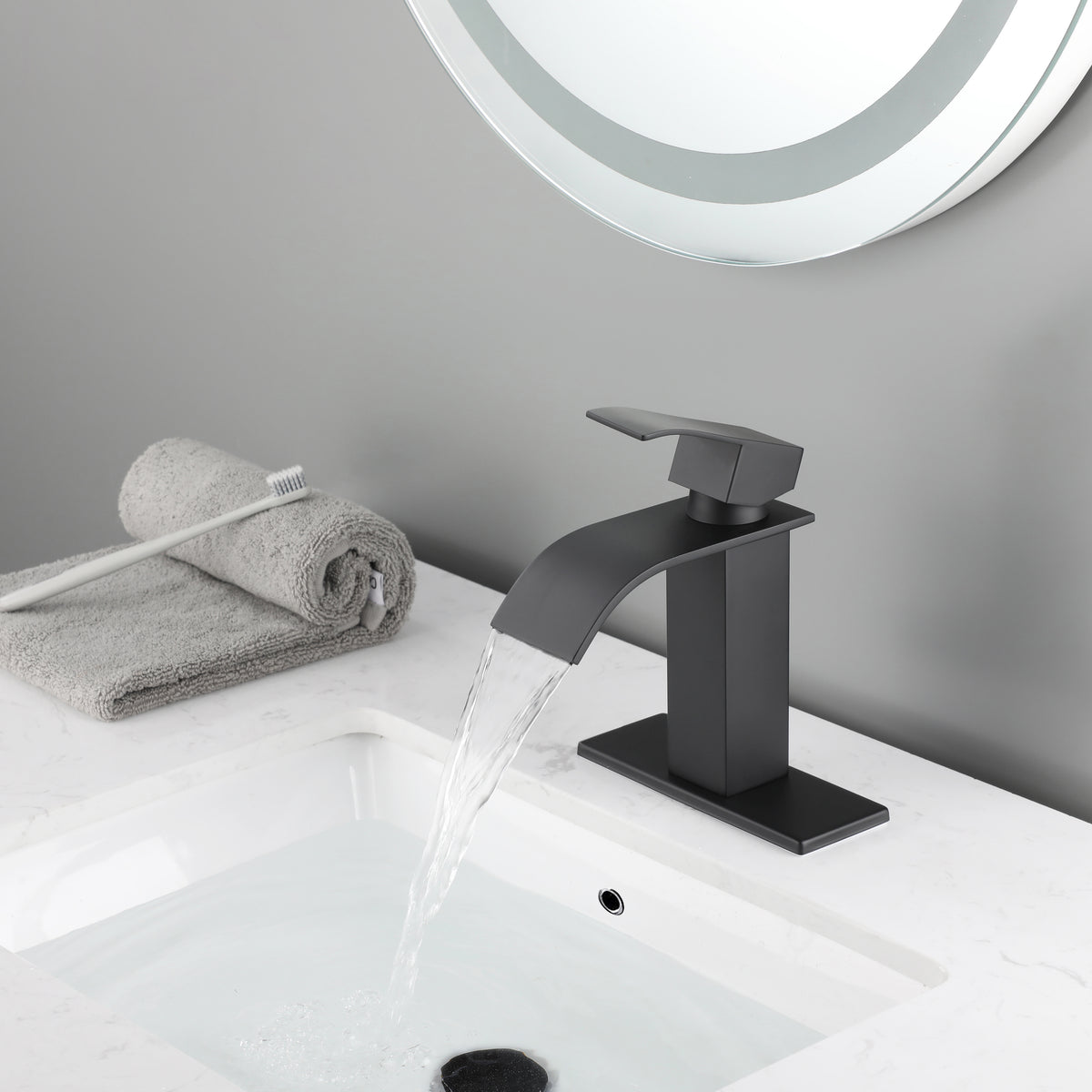 Waterfall Spout Bathroom Sink Single Handle Faucet with Pop-Up Drain