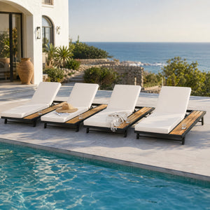 Black Iron and Teak Finish Chaise Lounge Set