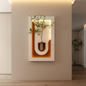 Adjustable 3 Color LED Sandstone Wall Decor With Simulated Plants, Vase & Rabbit Statue - Light Coffee