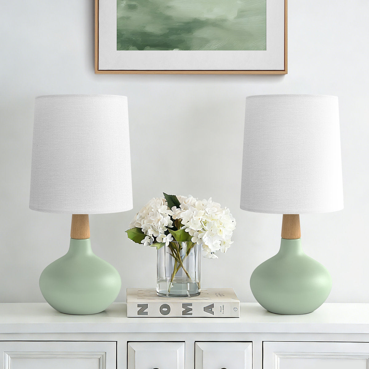 Ceramic and Wood Table Lamp, 14 Inches, Set of 2, Green