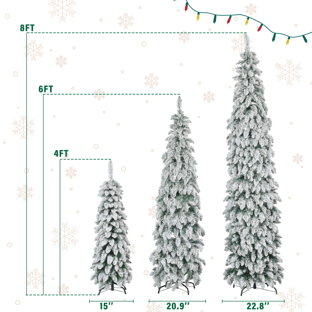 Pre-Lit Pencil Christmas Tree 3-Set, 4ft/6ft/8ft, Snow-Flocked, 290 LED Lights, White and Green