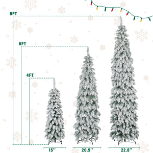 Pre-Lit Pencil Christmas Tree 3-Set, 4ft/6ft/8ft, Snow-Flocked, 290 LED Lights, White and Green