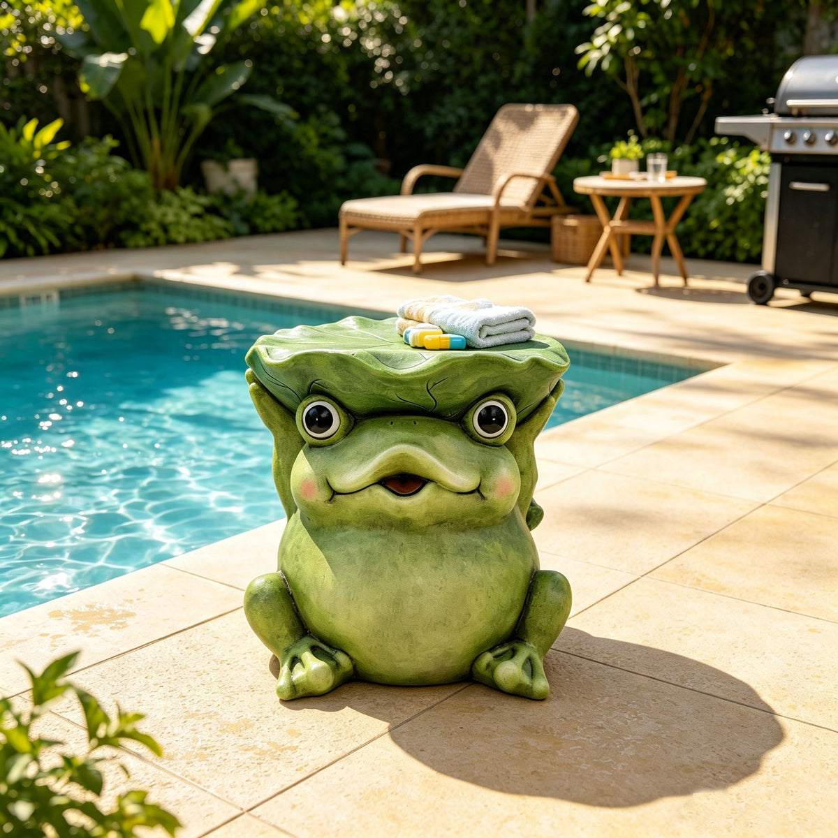 12'' Cute Frog Statue With Lotus Leaf Hat