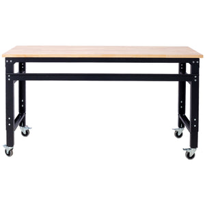 Wide Rolling Workbench For Garage, Adjustable Height, Workshop Tool Bench, Metal With Rubber Wood Top