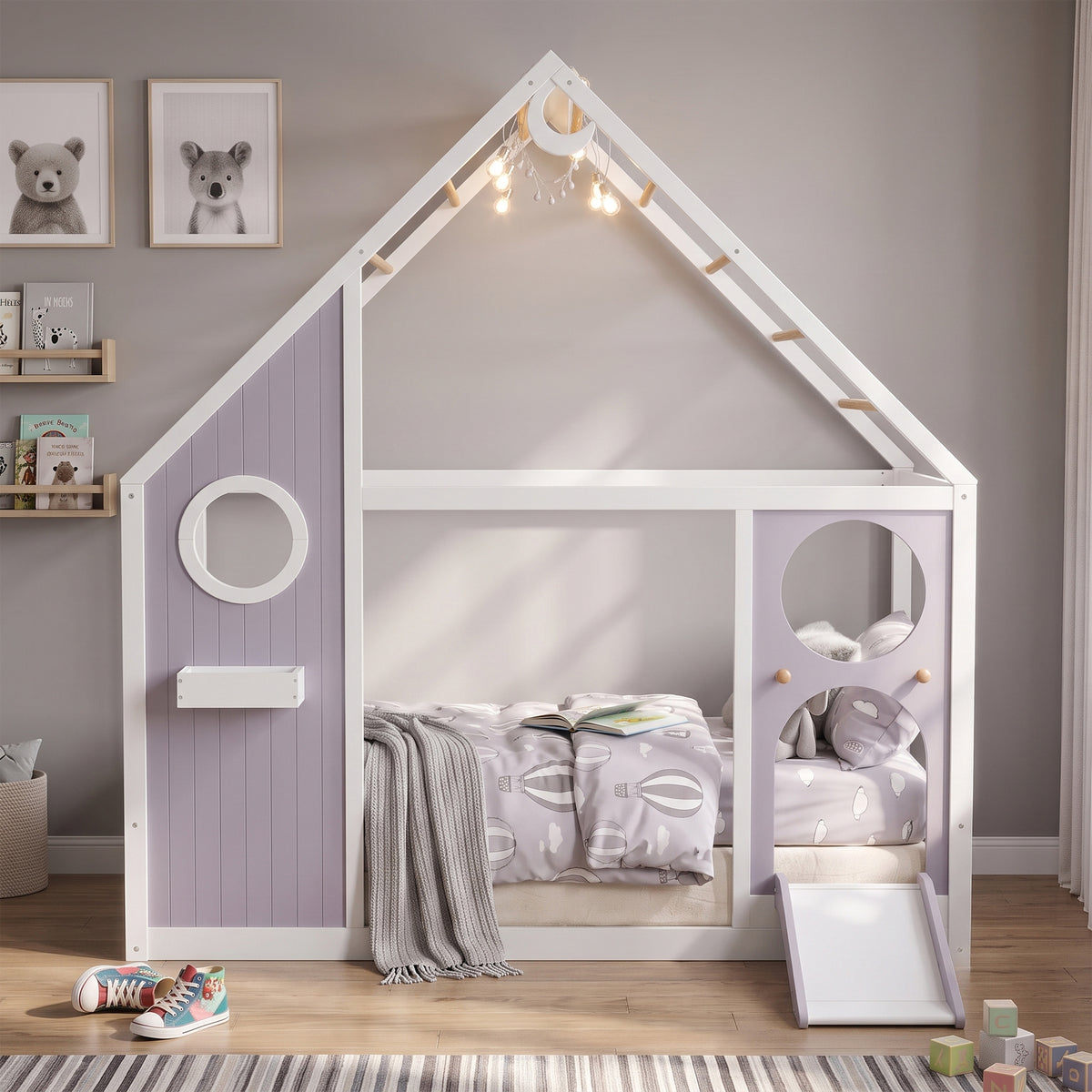 Twin House Bed with Slide and Light Strip
