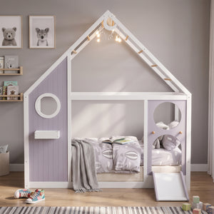 Twin House Bed with Slide and Light Strip