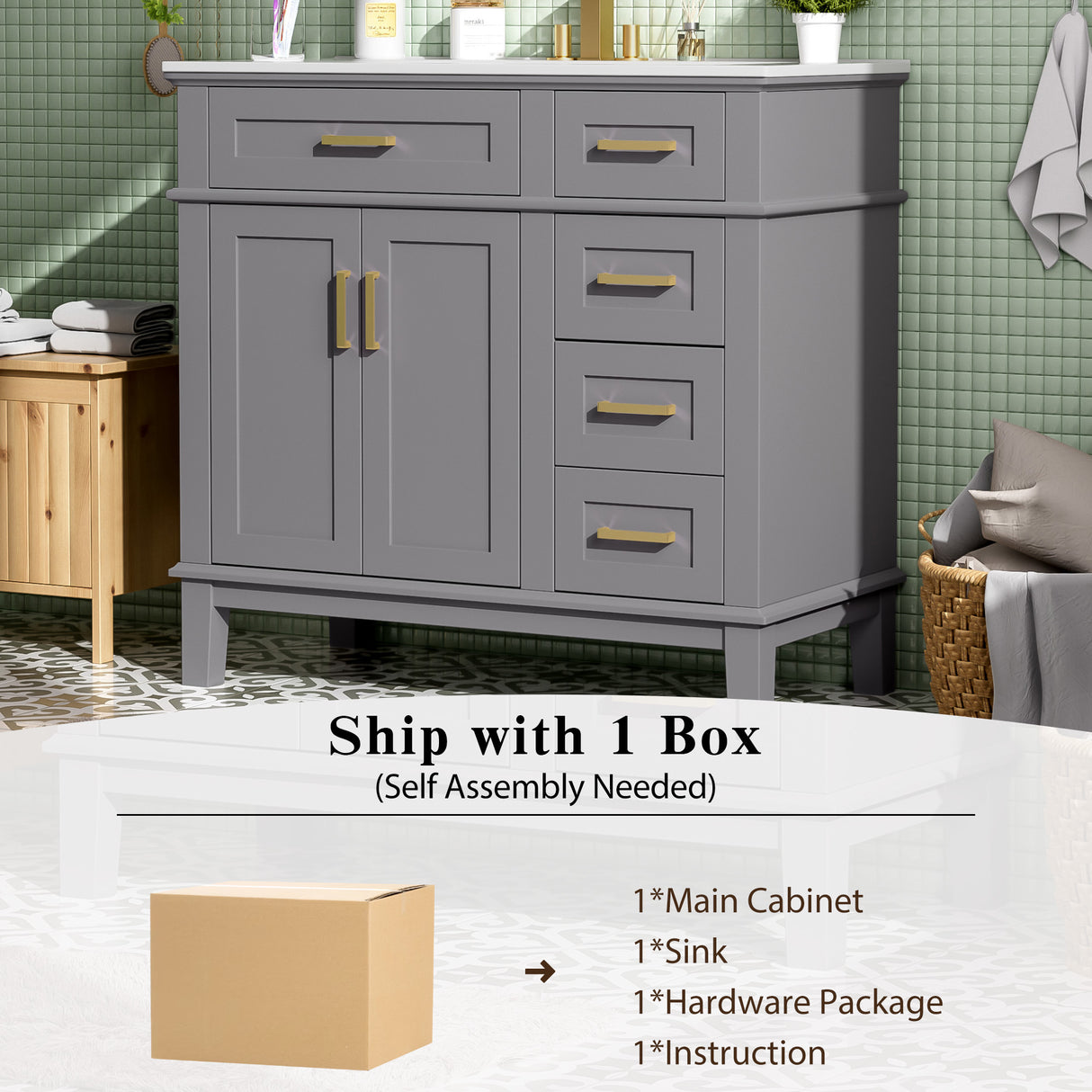 36" Gray Modern Bathroom Vanity with Ceramic Sink