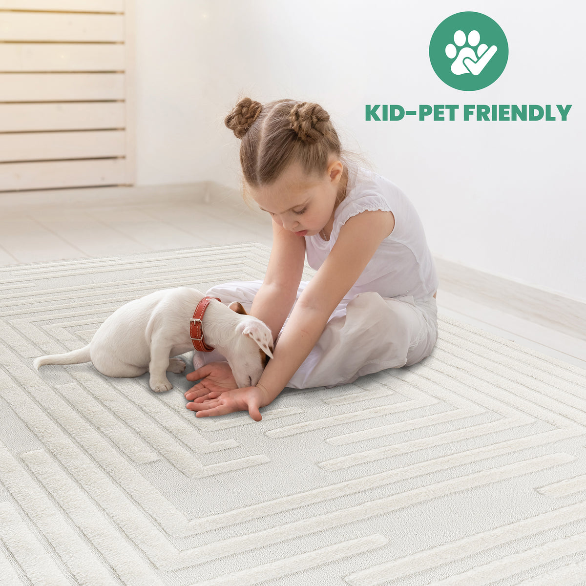 High-Low Striped Area Rug with Contemporary Geometric Design - Cream