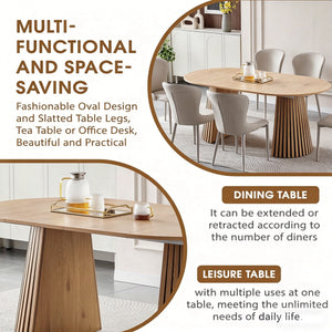 Dining Table, Flexible Extendable Oval Design With Slatted Legs - Natural Wood