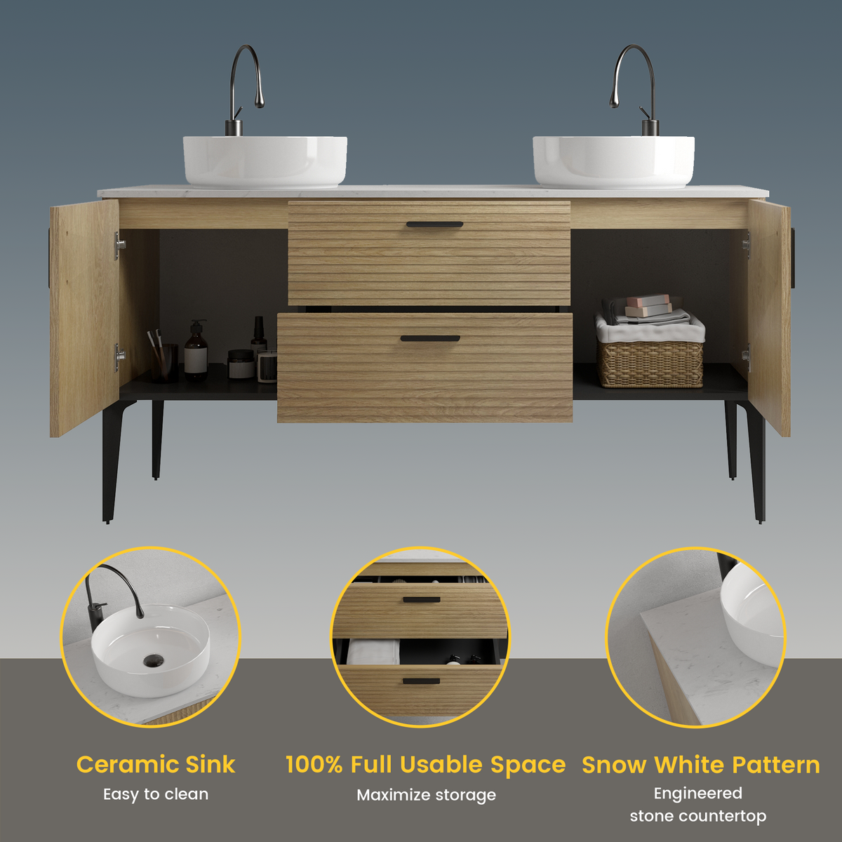 Emilia 60-Inch Bathroom Vanity, Natural Oak with Ceramic Sink