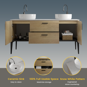 Emilia 60-Inch Bathroom Vanity, Natural Oak with Ceramic Sink