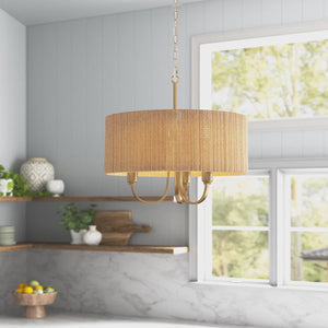 3-Light 18-Inch Farmhouse Drum Chandelier, Gold Iron and Paper Rope