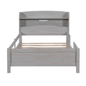 Wood Platform Bed With Built In LED Light, Storage Headboard And Guardrail