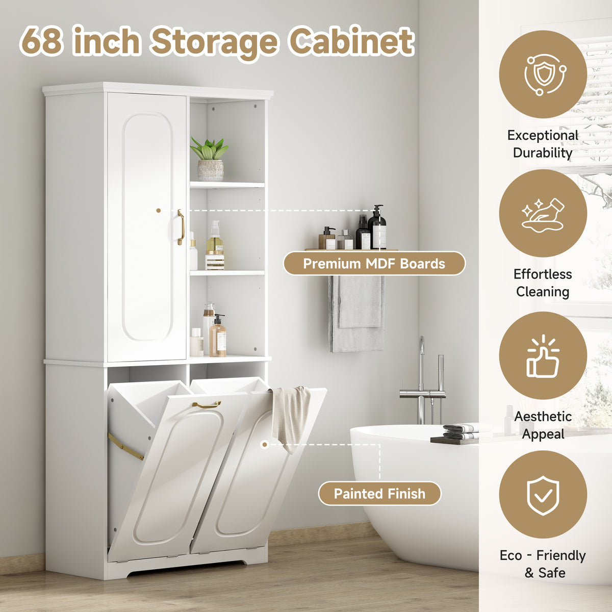 Freestanding Tall Storage Cabinet with 2 Tilt-Out Hampers
