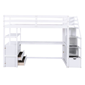Loft Bed With Desk, Shelves, 2 Drawers, Storage Staircase