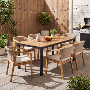7 Piece Outdoor Dining Set With Table And 6 Chairs - Beige / Brown Mix / Light Teak / Teak