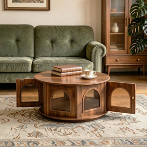 31.5" Round Coffee Table with Storage and Pet House - Dark Walnut