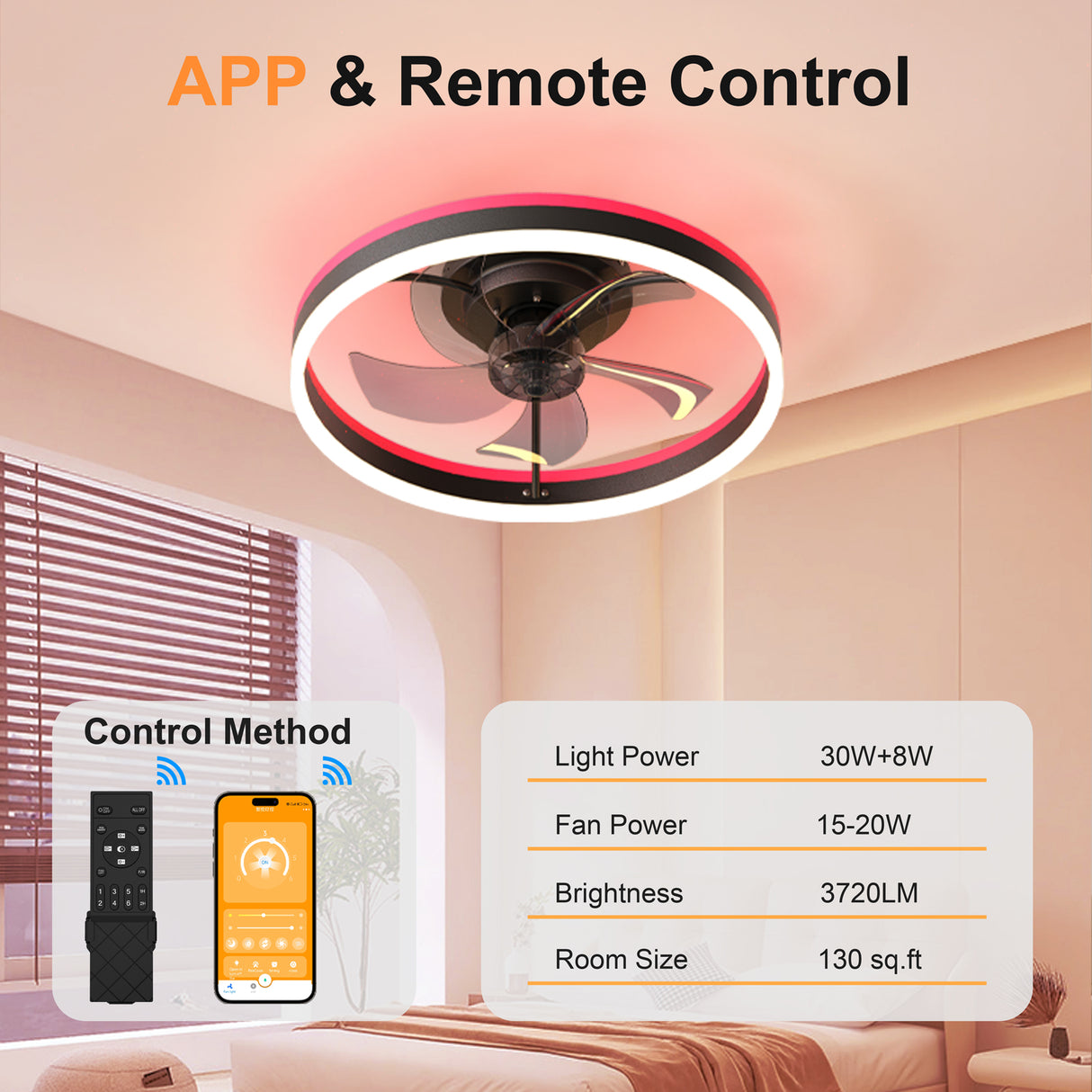 19.7" RGB Flush Mount Ceiling Fan with Light for Bedroom