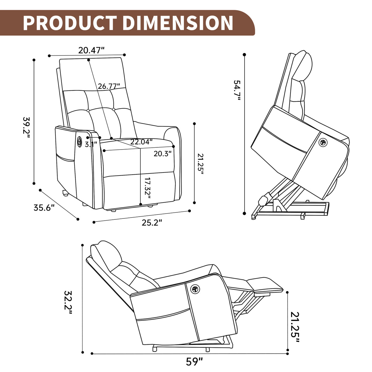 Brown PU Single Motor Power Lift Recliner Chair