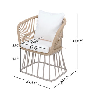 Outdoor 5-Piece Dining Set - Rectangular Teak Wood Table + 4 Wicker Chairs with Cushions