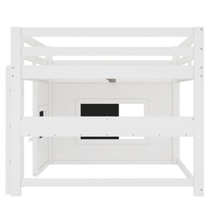 Full Size Loft Bed With Sliding Chalkboard & Bookshelf