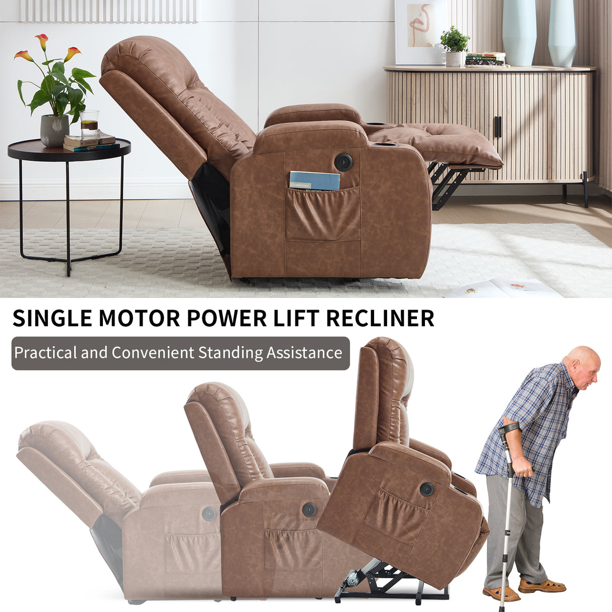 Brown PU Infinite Position Power Lift Recliner Chair