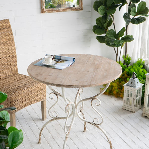 Round Wooden Table With Metal Scrollwork Legs - White Washed