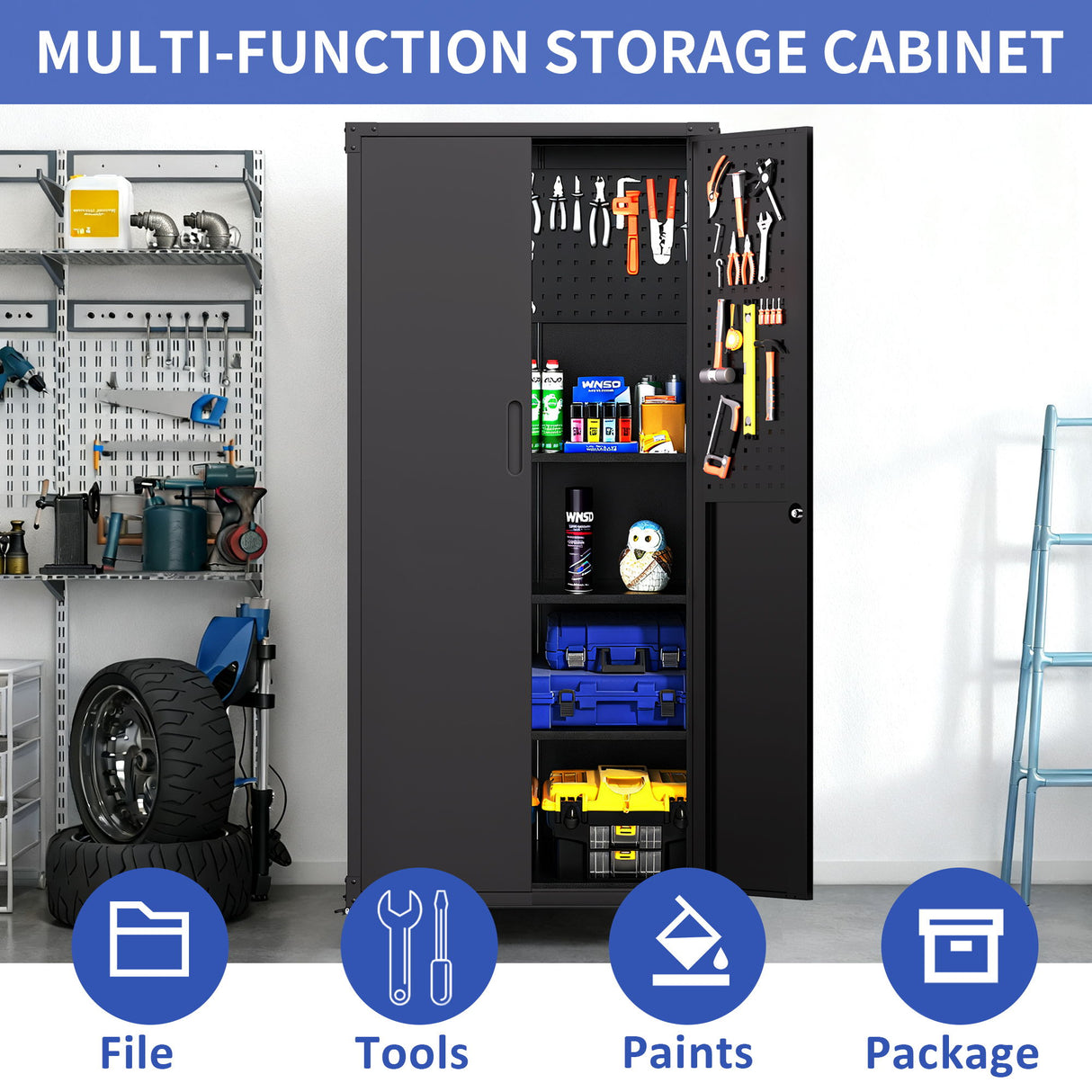 Garage Storage Cabinet With Wheels Heavy-Duty Tool Storage - Black