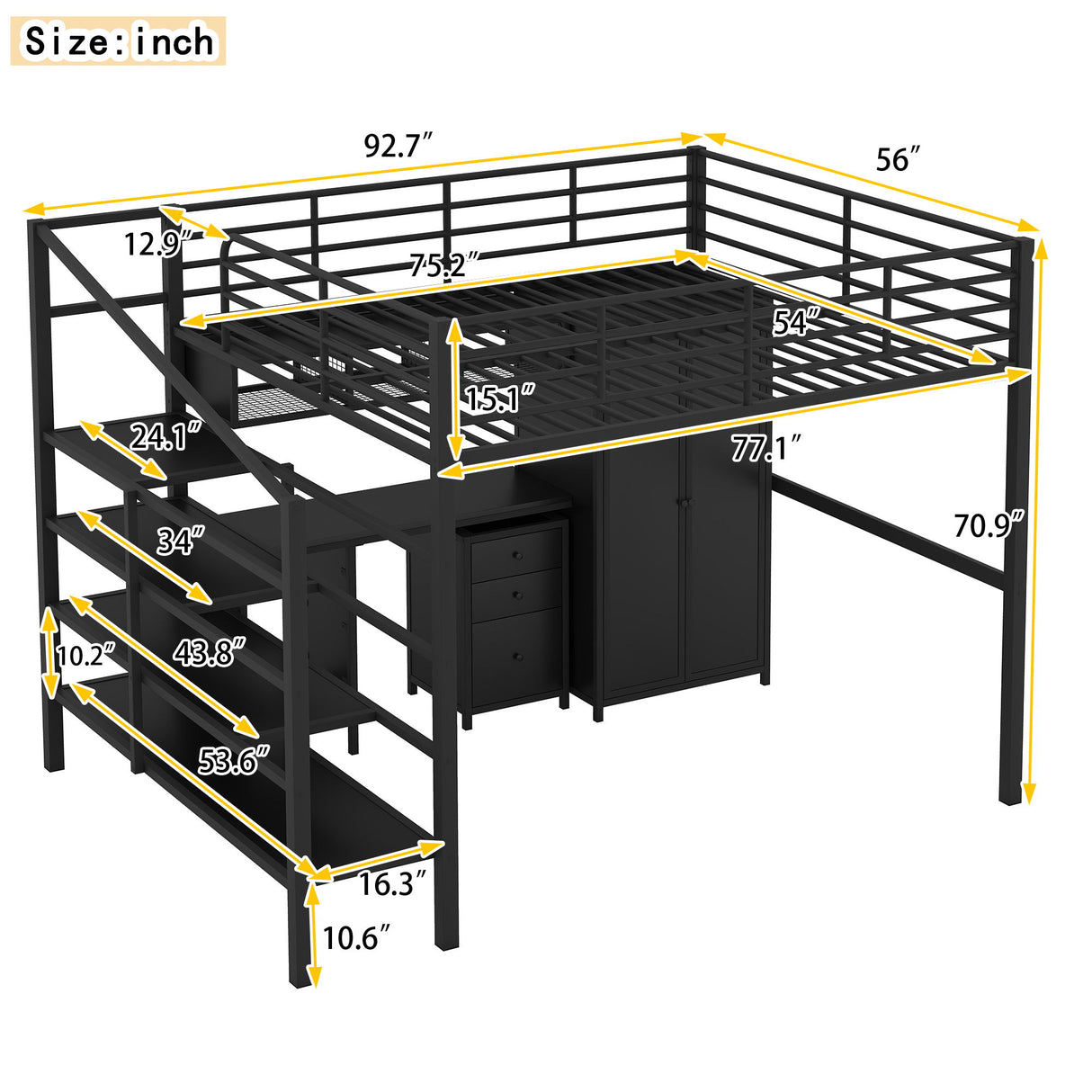 Full Size Loft Bed With Desk Set And Wardrobe - Black