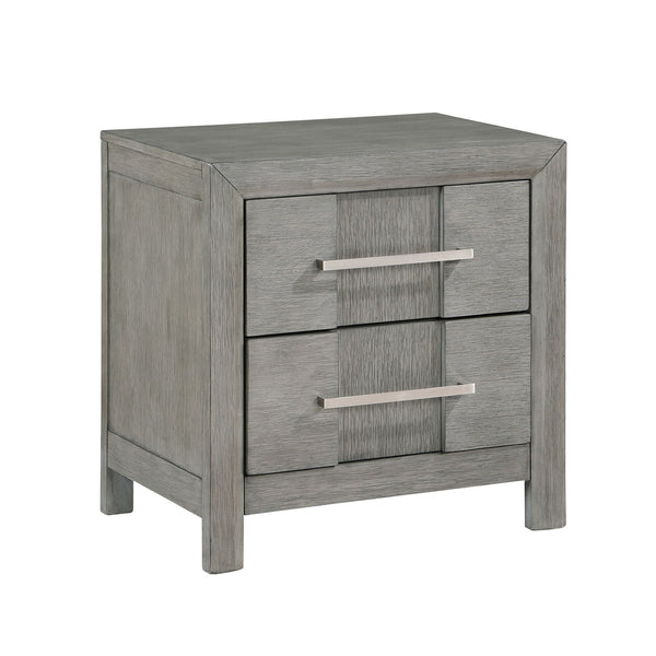 Modern 2 Drawer Nightstand In Gray Finish With Silver Metal Handles, Contemporary Bedside Table With Smooth Glide Drawers