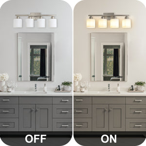 Modern 4-Light Bathroom Fixture with Nickel Finish and Milky
