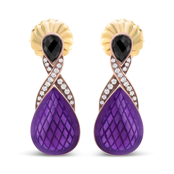 18K Rose Gold Flash Plated .925 Sterling Silver Purple Enamel 1/5 Cttw Round Pave-Set Diamond and 5.5 x 4mm Pear-Shaped Black Onyx Drop Earrings (F-G Color, VS1-VS2 Clarity)