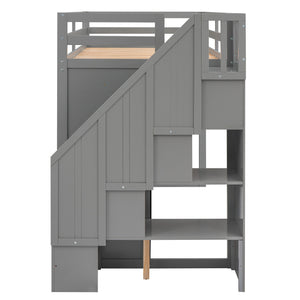 Loft Bed With 3 Shelves, 2 Wardrobes, 2 Drawers, Ladder Storage