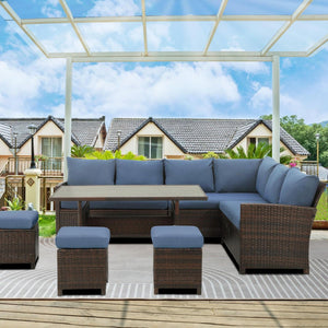 7 Piece Patio Dining Set With Cushions, Modular Sectional Sofa & Storage Table