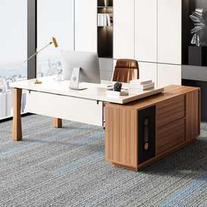 L-Shaped Executive Desk With Storage Cabinet, Home Office Workstation With Shelves - White / Walnut