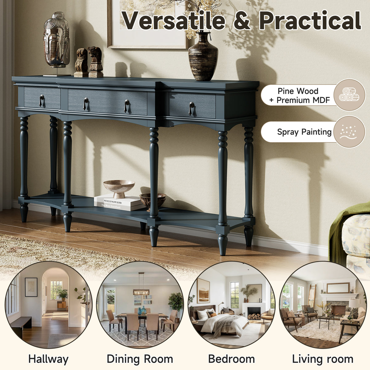 Traditional Retro Console Table with 3 Soft-Close Drawers & Bottom Shelf