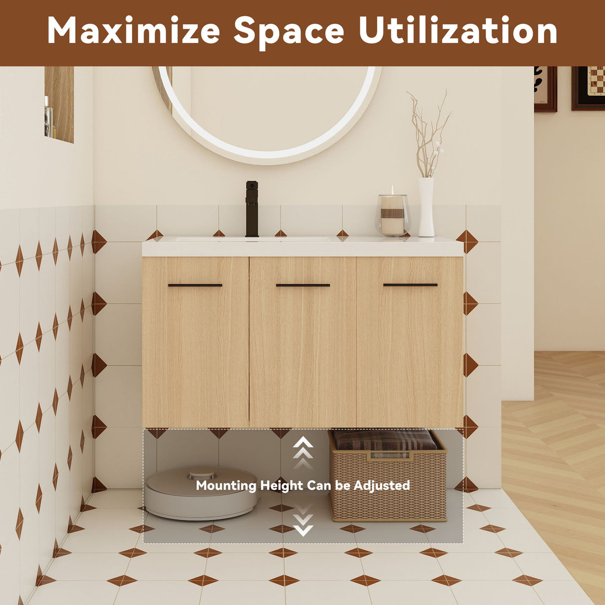 Wall Mounted Floating Bathroom Vanity With Sink, 3 Door Modular Cabinet