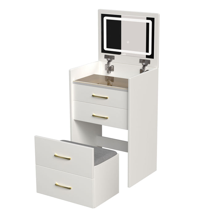 Compact 3 In 1 Vanity Desk With Open Top Mirror, Glass Desktop - White