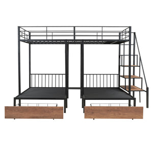 Full Over Twin-Twin Triple Bunk Bed With Drawers And Staircase - Black