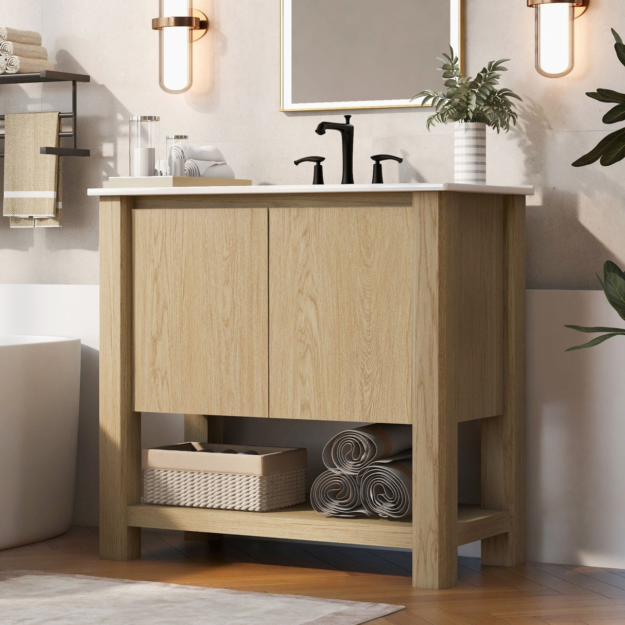 Modern Bathroom Vanity With Rectangle Ceramic Sink, Soft Closing Doors