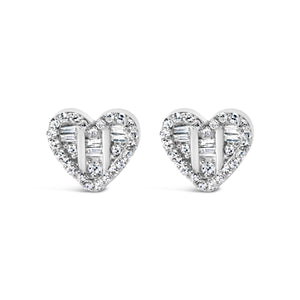 14K Yellow Gold Plated .925 Sterling Silver 1/2 Cttw Round and Baguette Diamond Composite Heart Shaped Stud Earring (I-J Color, SI2-I1 Clarity)